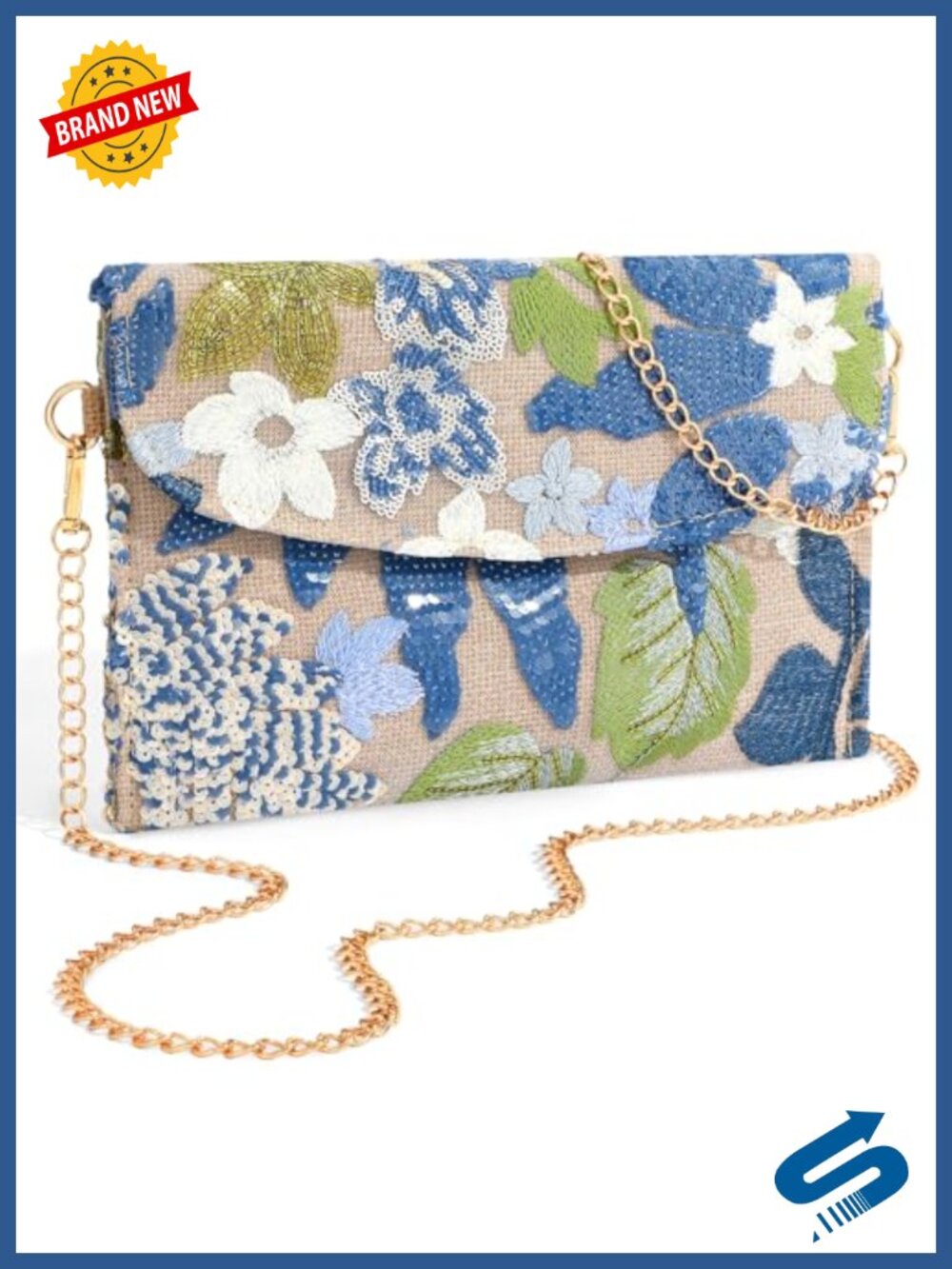 Floral Beaded Sequin Embroidered Clutch Evening Purse Detachable Chain
